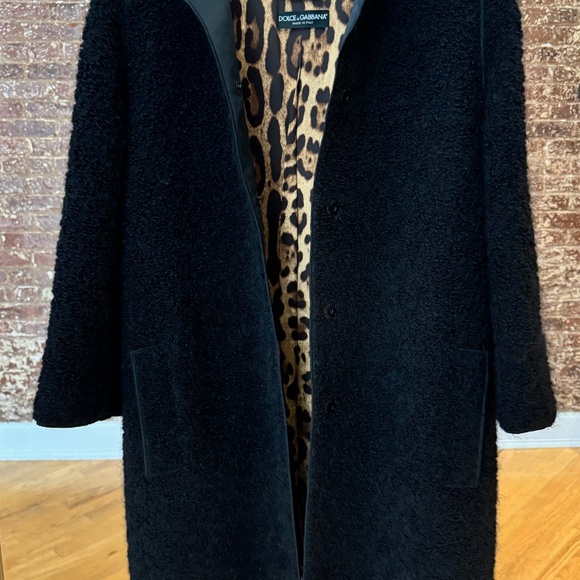 DOLCE & GABBANA - Black Wool/Mohair/Alpaca Coat with Leopard lining